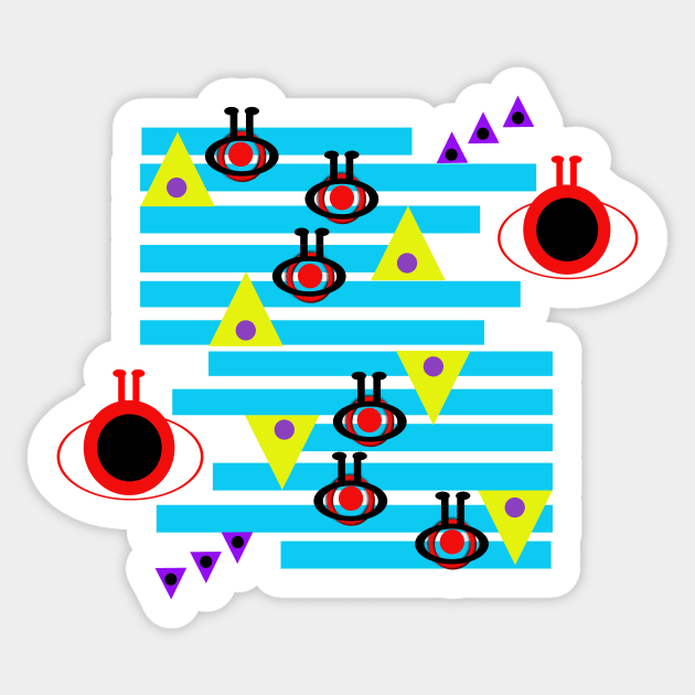 Warning Aliens Up Ahead! A fun abstract design in bright blue, red, yellow and purple. Perfect for fans of sci-fi and retro arcade games. Sticker by innerspectrum